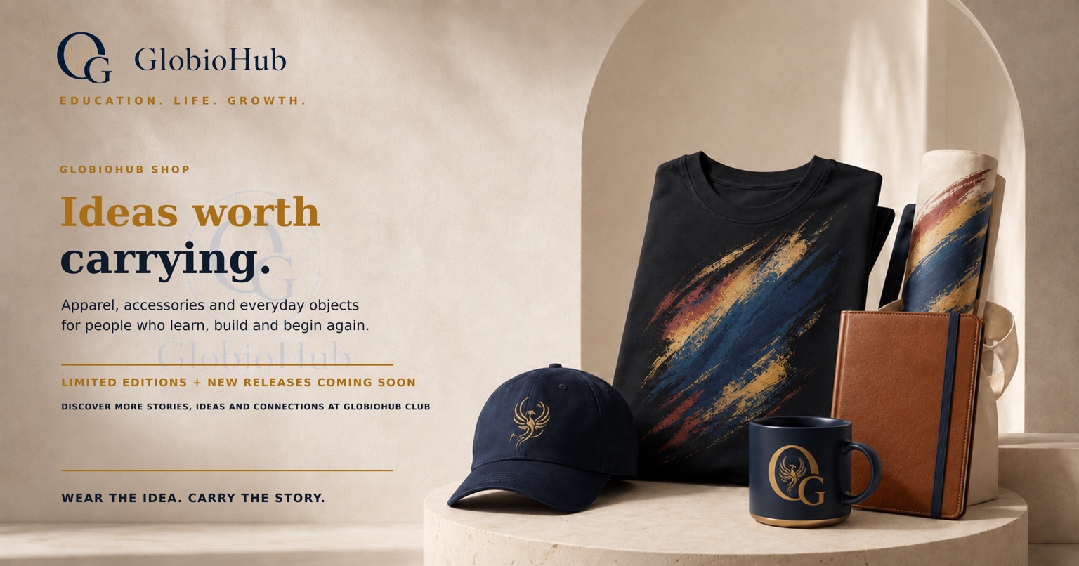 GlobioHub apparel and accessories arranged in a warm neutral studio setting